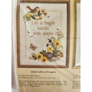 Vintage Handmade Crewel Embroidery Life is Fragile Handle w/ Prayer Hanging B26